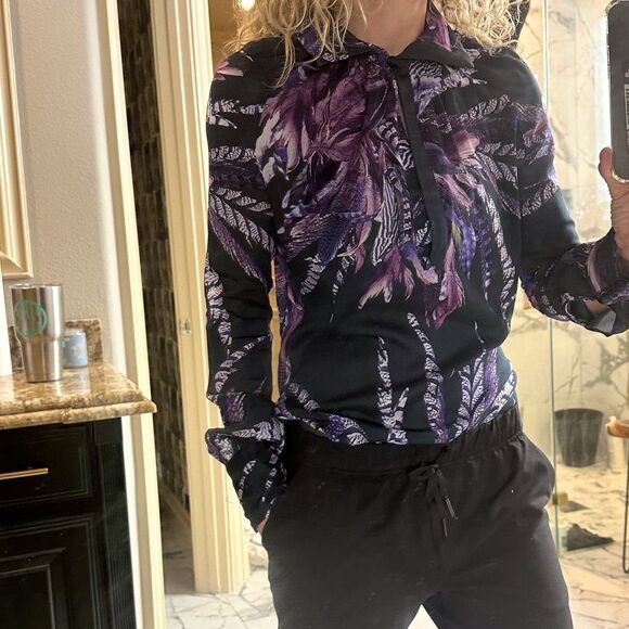 Just Cavalli | S |feather print vintage cavalli blouse long sleeve modest blouse - Picture 7 of 10